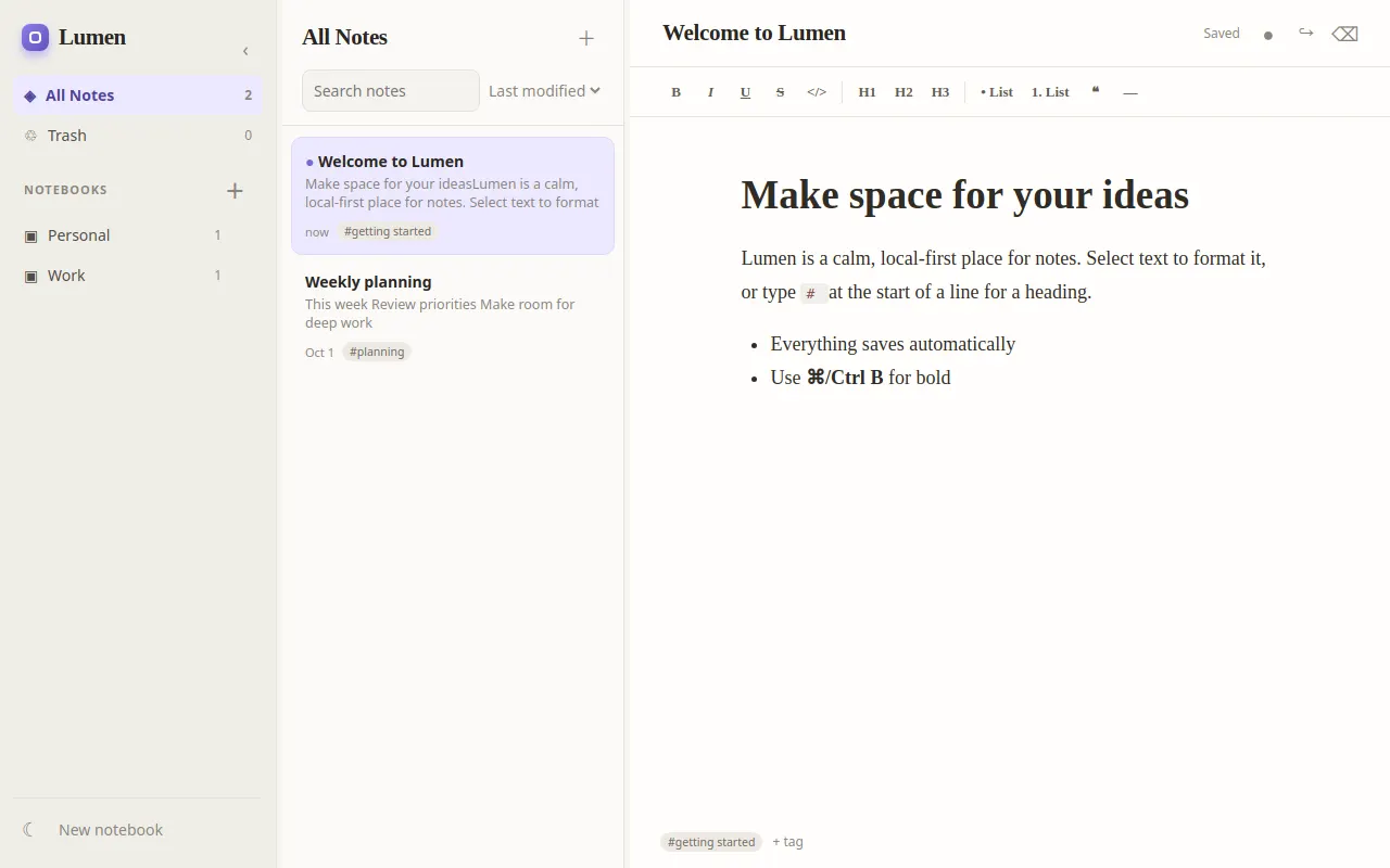 Initial view of Notes