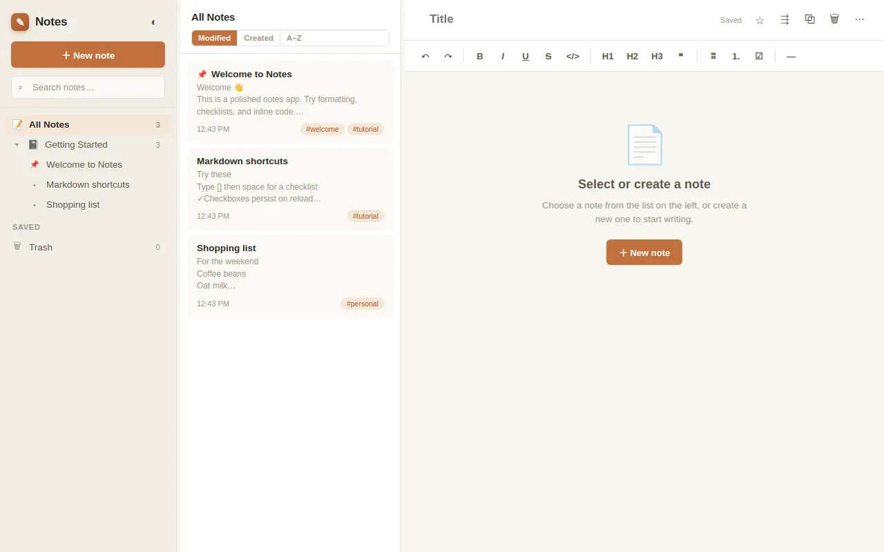 Initial view of Notes