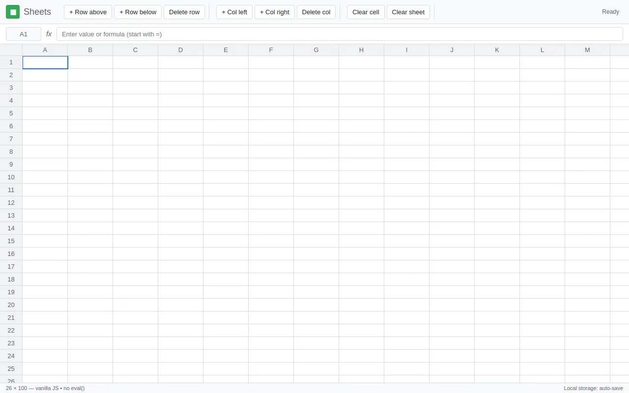 Initial view of Spreadsheet