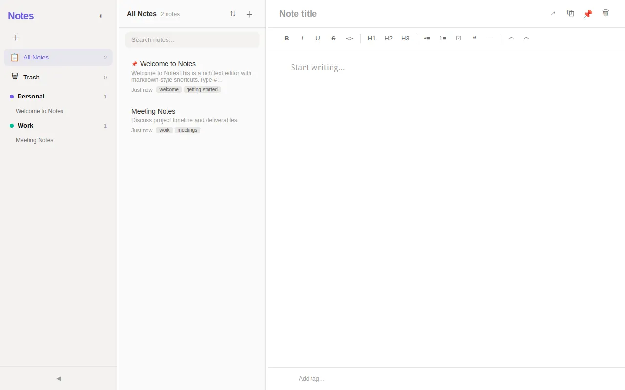 Initial view of Notes