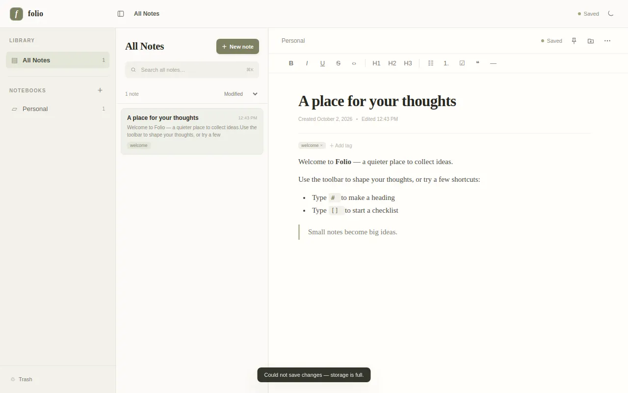 Initial view of Notes