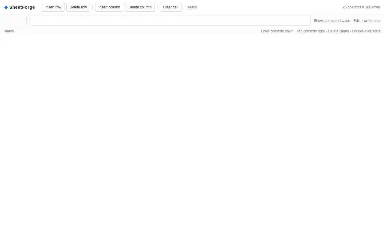 Initial view of Spreadsheet