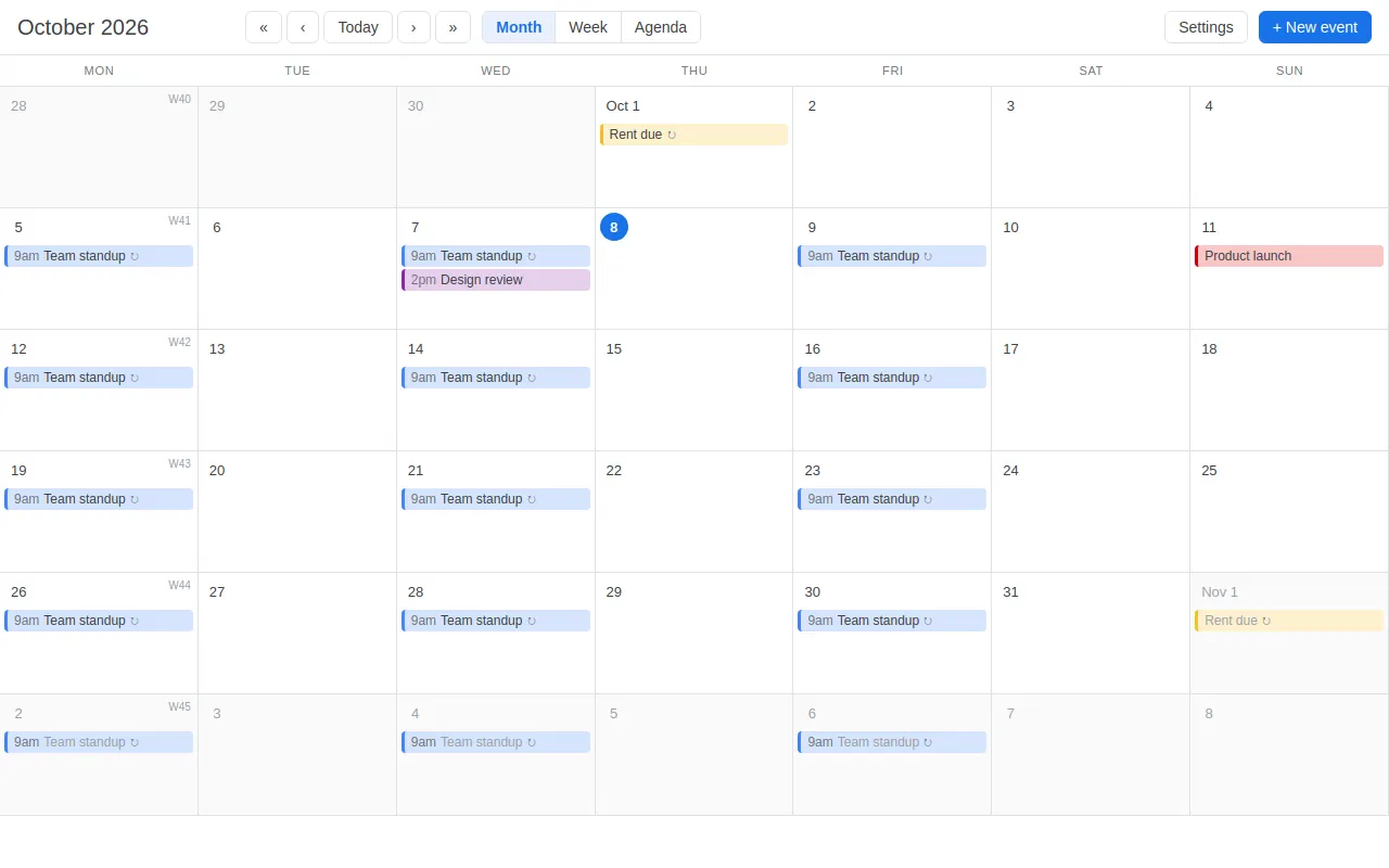 Initial view of Calendar
