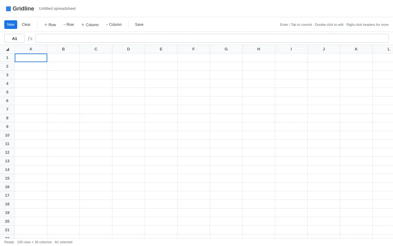 Initial view of Spreadsheet
