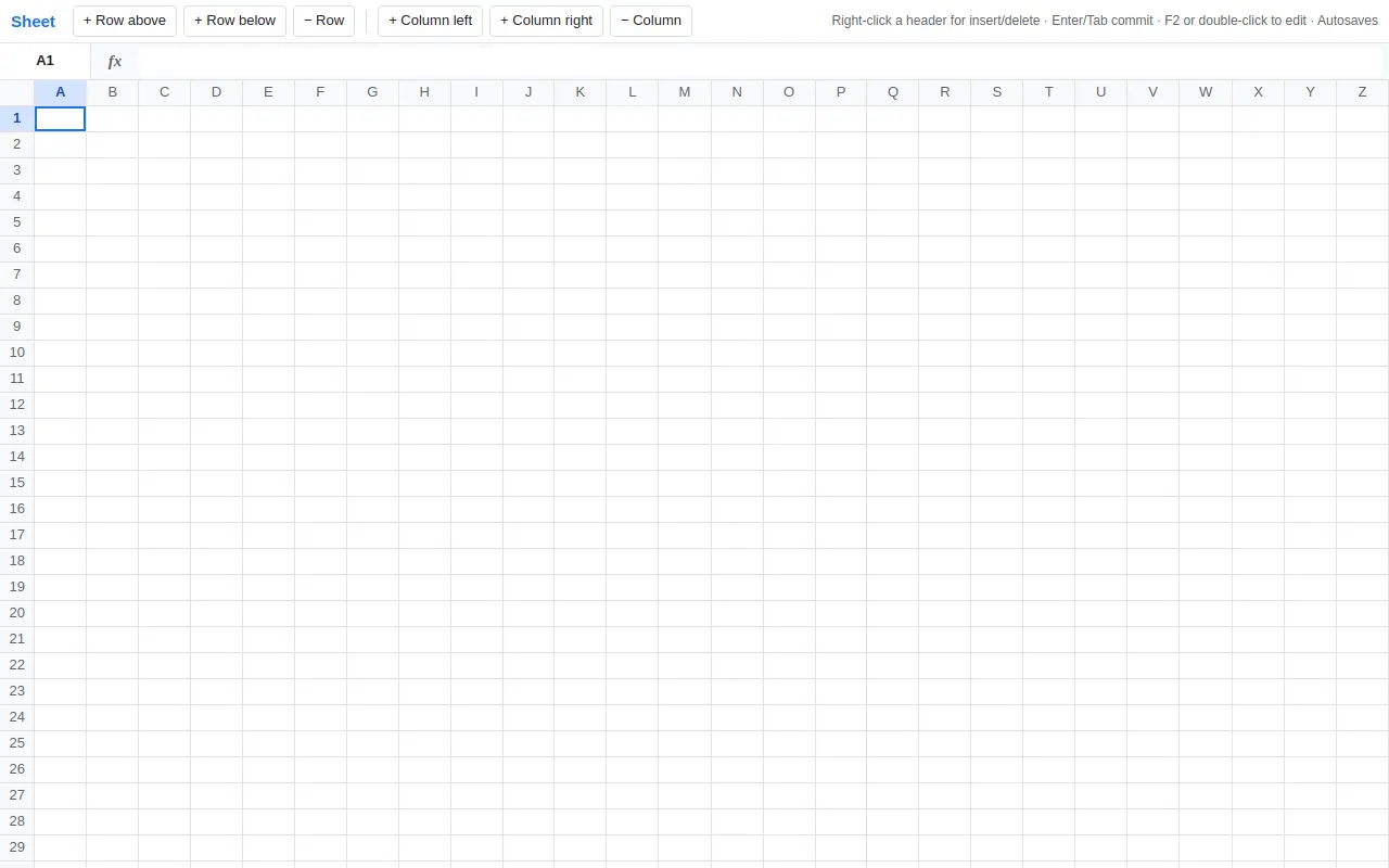 Initial view of Spreadsheet