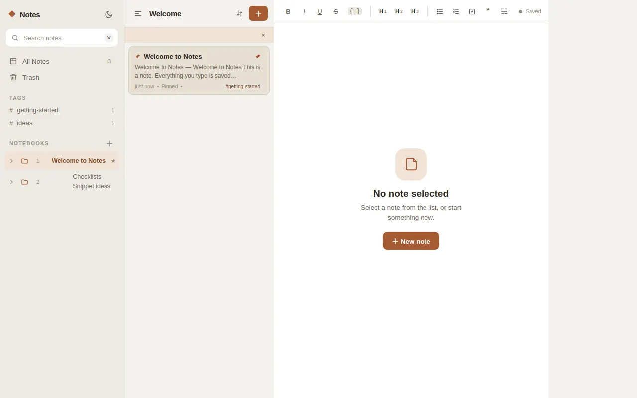 Initial view of Notes