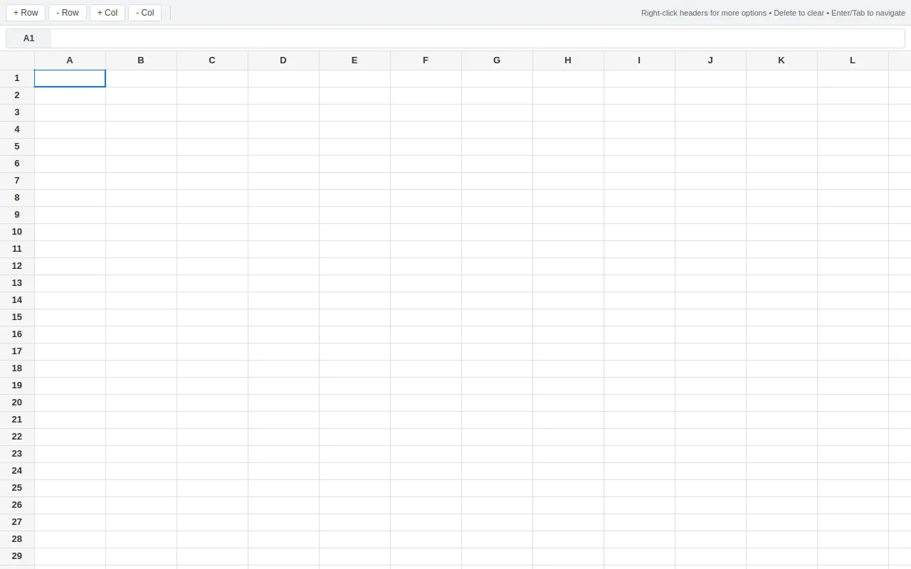Initial view of Spreadsheet