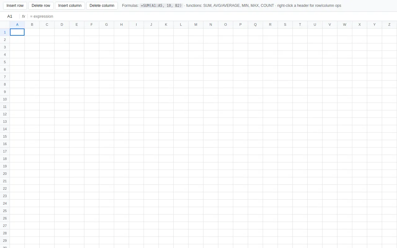 Initial view of Spreadsheet