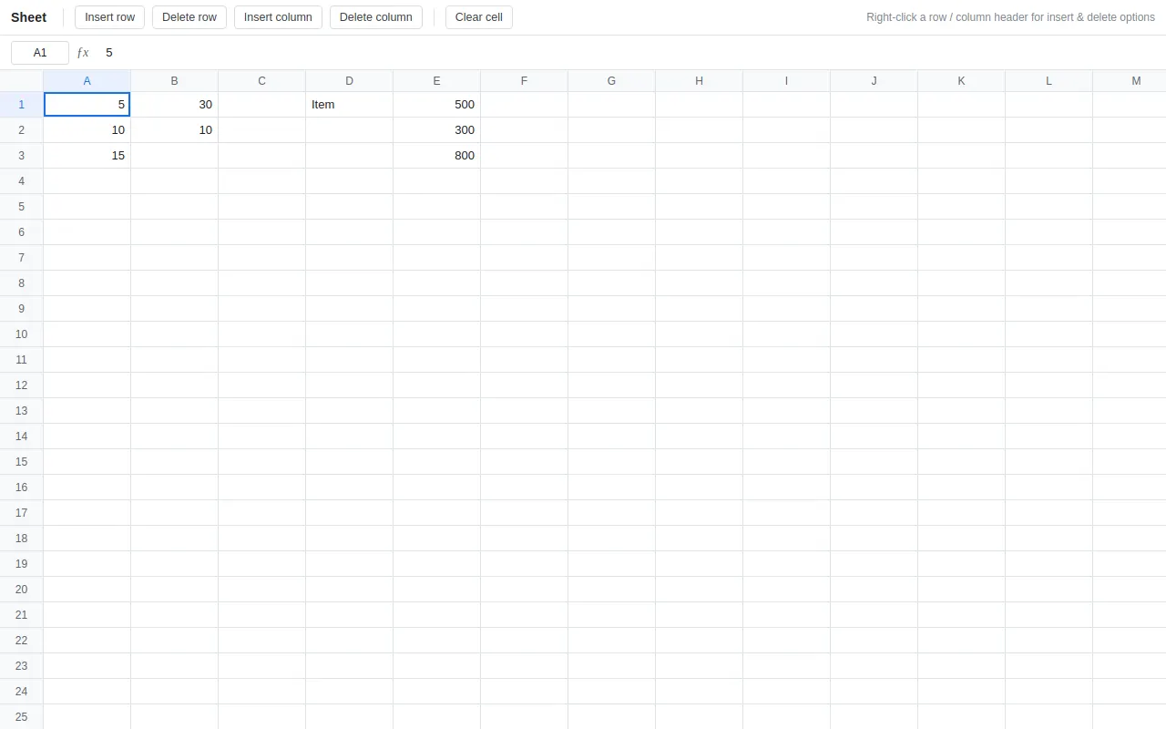 Initial view of Spreadsheet