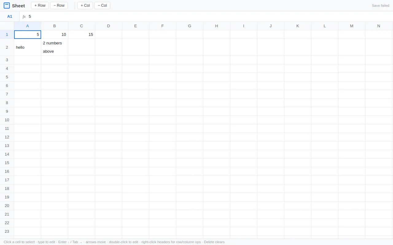 Initial view of Spreadsheet