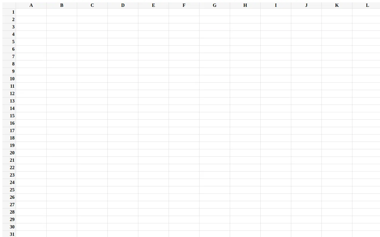 Initial view of Spreadsheet