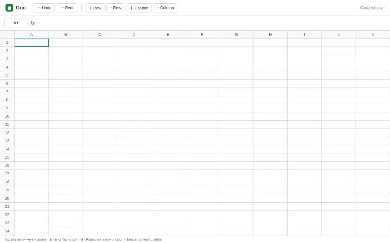 Initial view of Spreadsheet