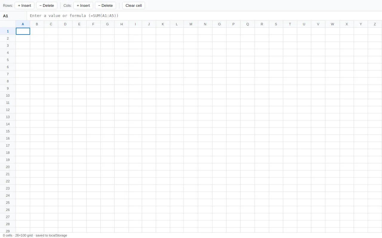 Initial view of Spreadsheet