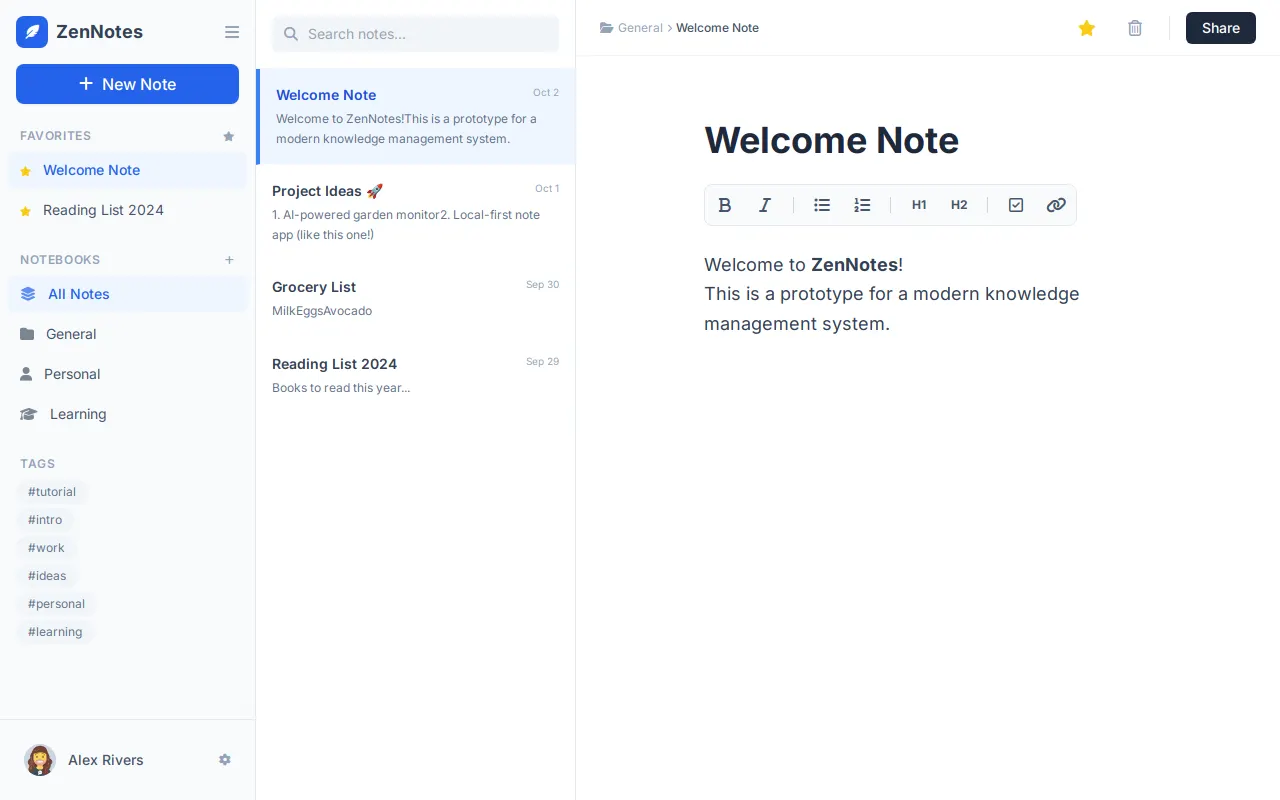 Initial view of Notes