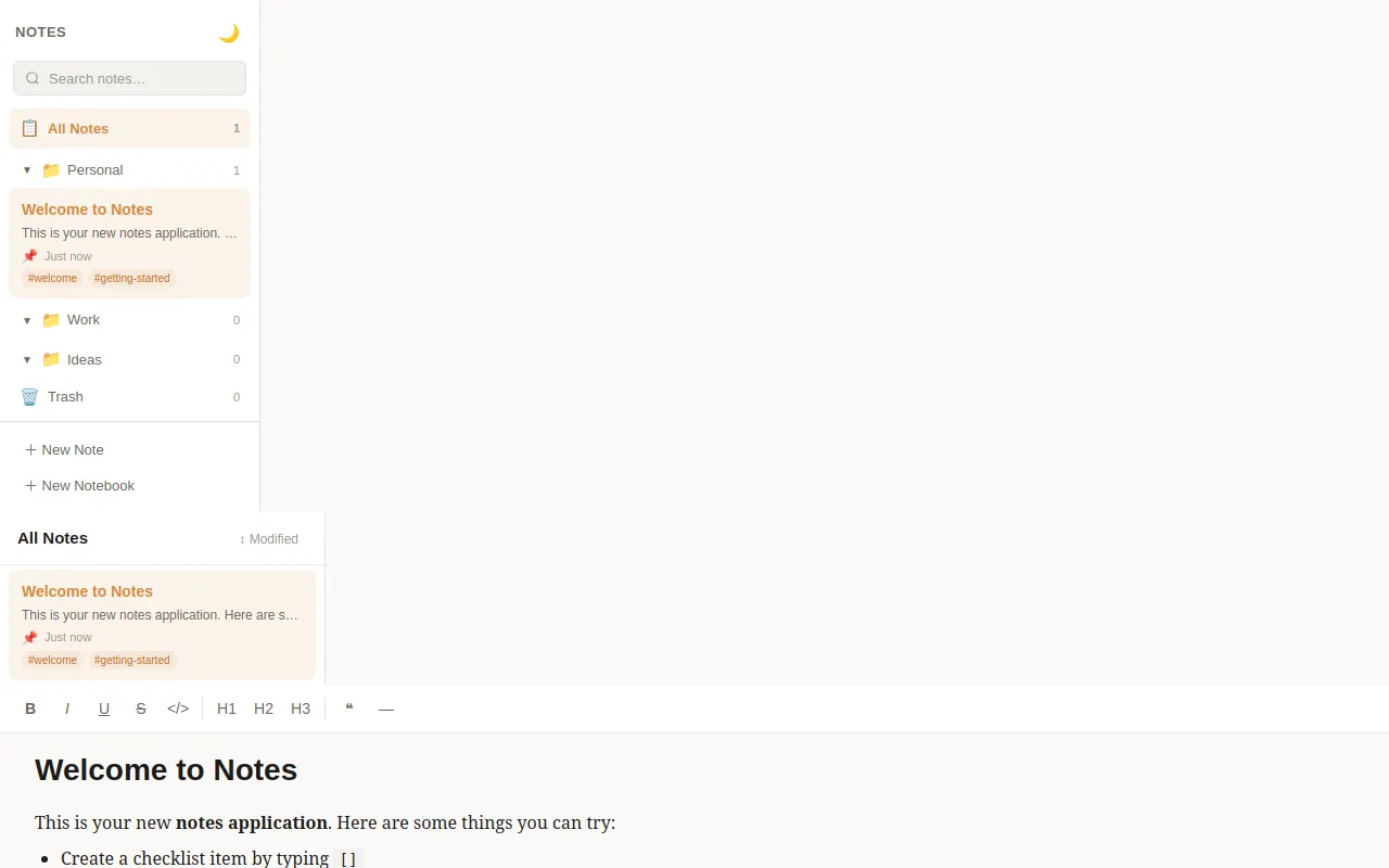 Initial view of Notes