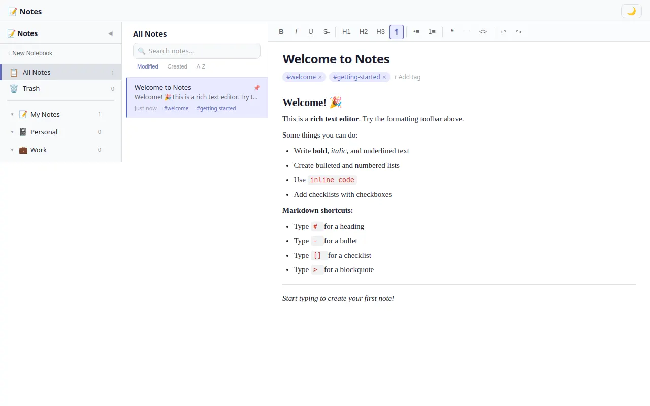 Initial view of Notes