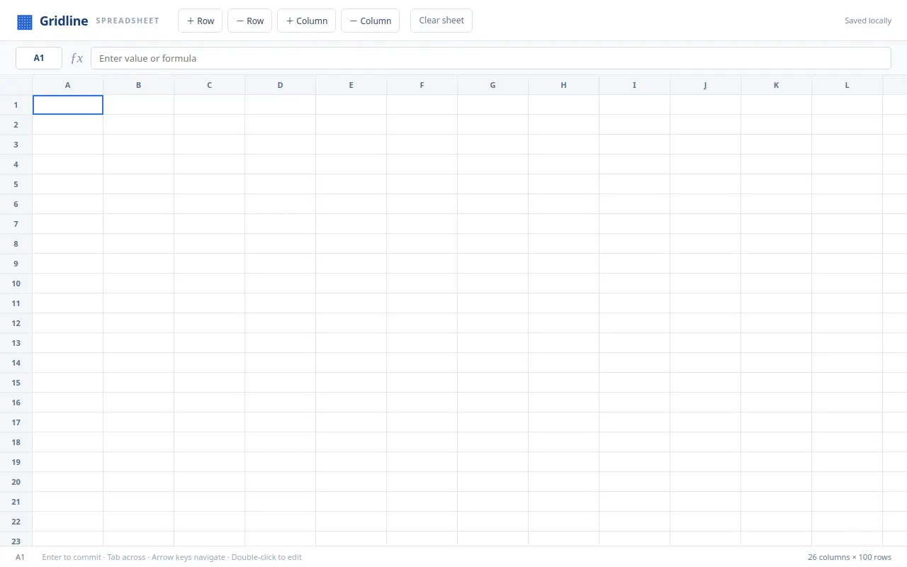 Initial view of Spreadsheet