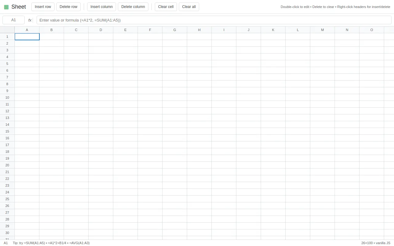 Initial view of Spreadsheet