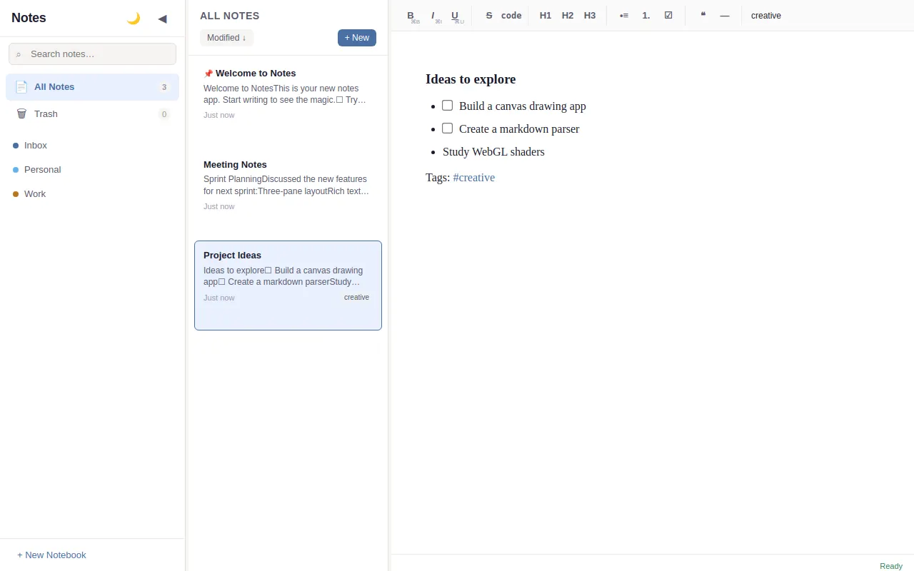 Initial view of Notes
