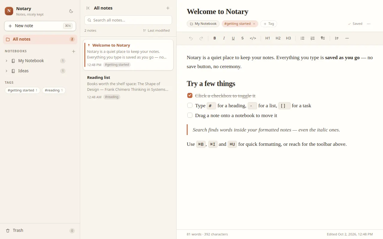 Initial view of Notes